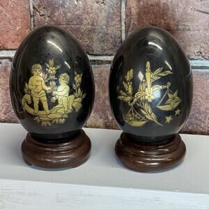 Pair of 2 Fine‎ Porcelain Limoges Gold Gilded and Black Footed Eggs 5.5"